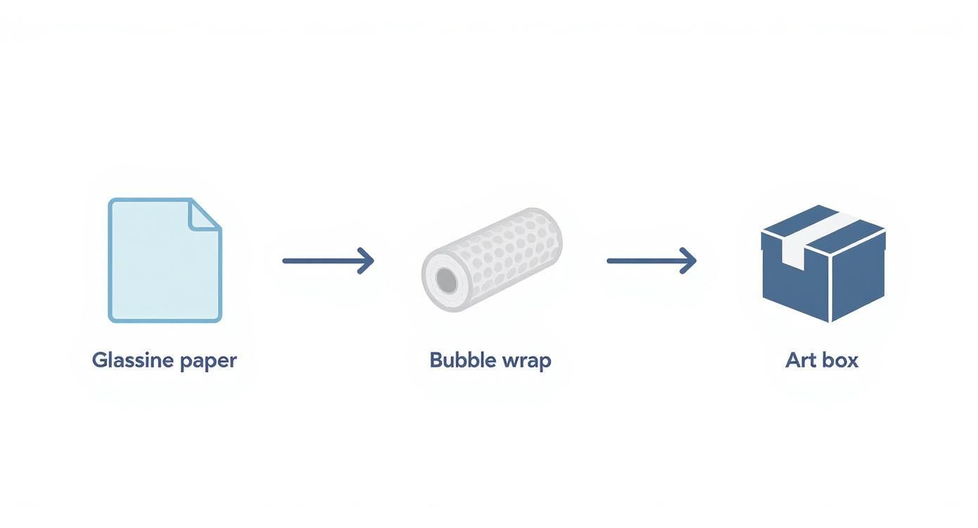 A visual guide illustrating the steps for secure packaging using glassine paper, bubble wrap, and an art box.