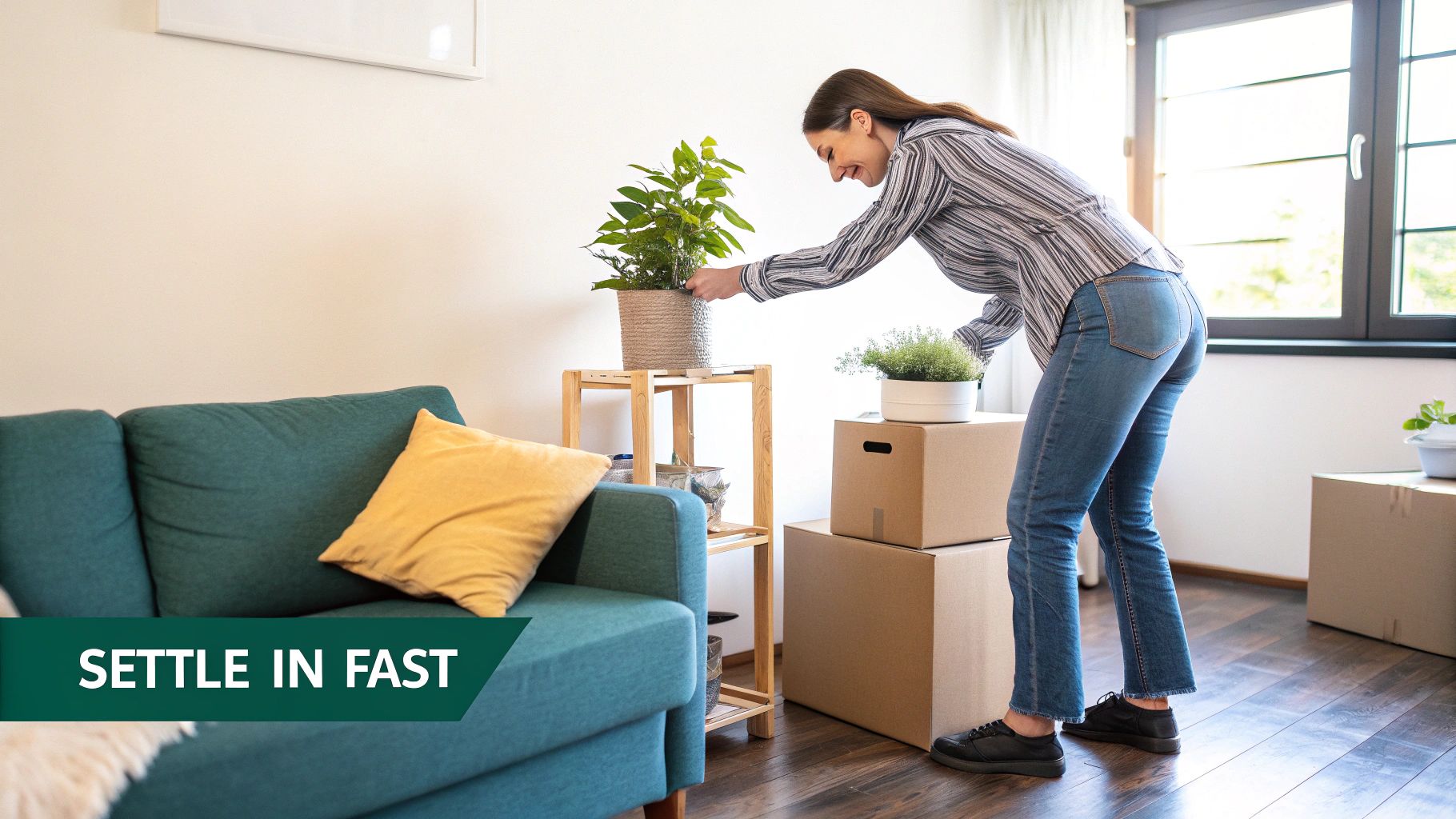 A smiling woman places a plant on a shelf in a new home, surrounded by moving boxes and a sofa.
