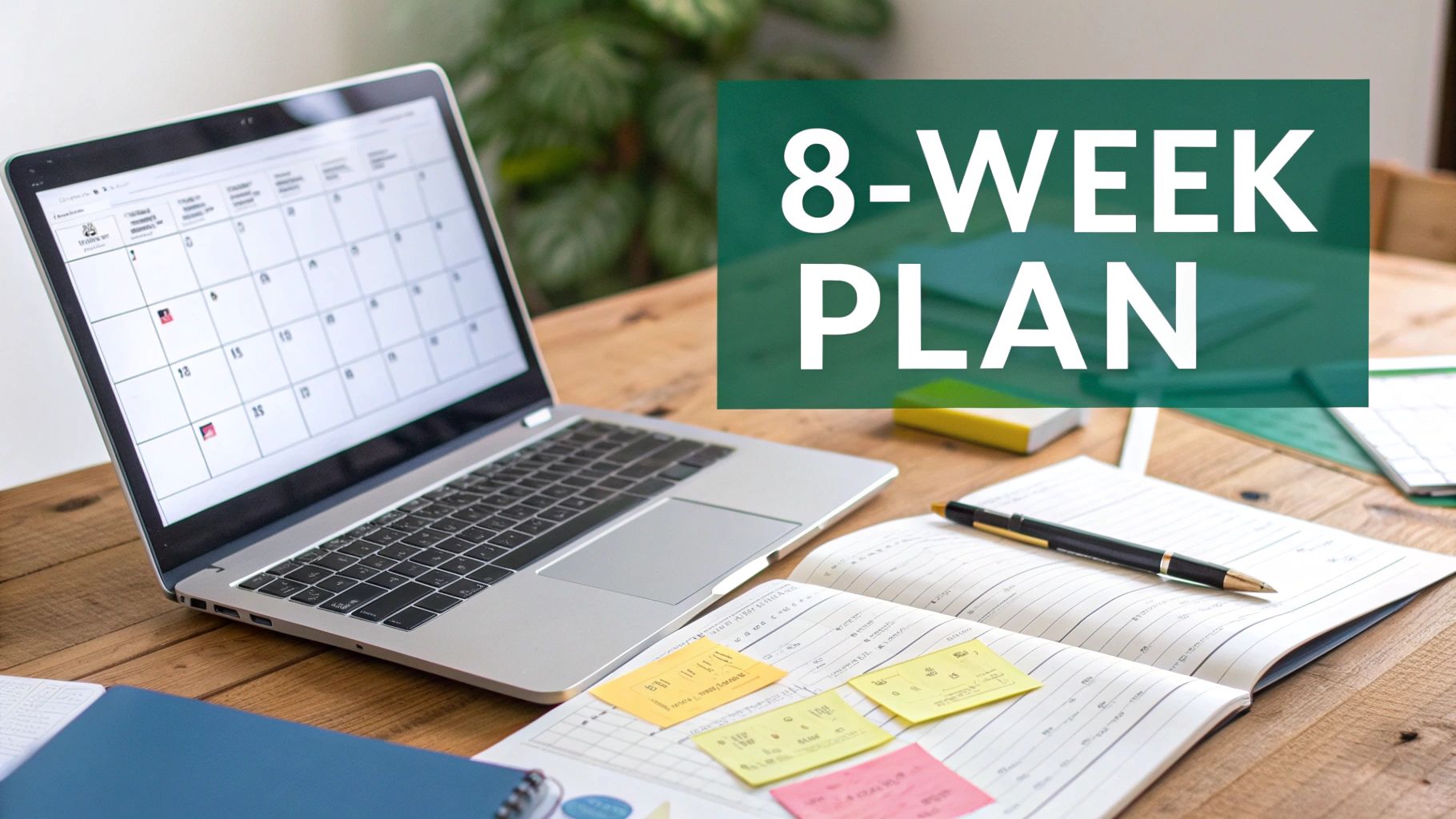 A laptop showing a calendar, an open notebook with sticky notes and a pen on a wooden desk, with '8-WEEK PLAN' text.