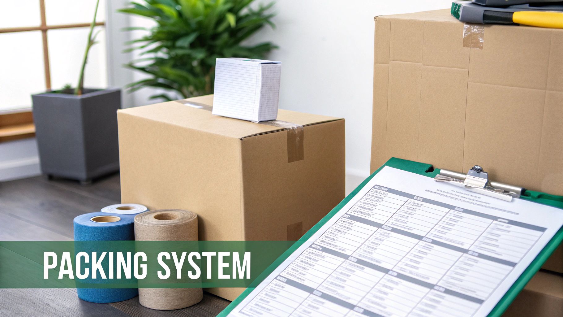 Moving boxes, packing tape, a small notebook, and a checklist on a clipboard for an organized packing system.