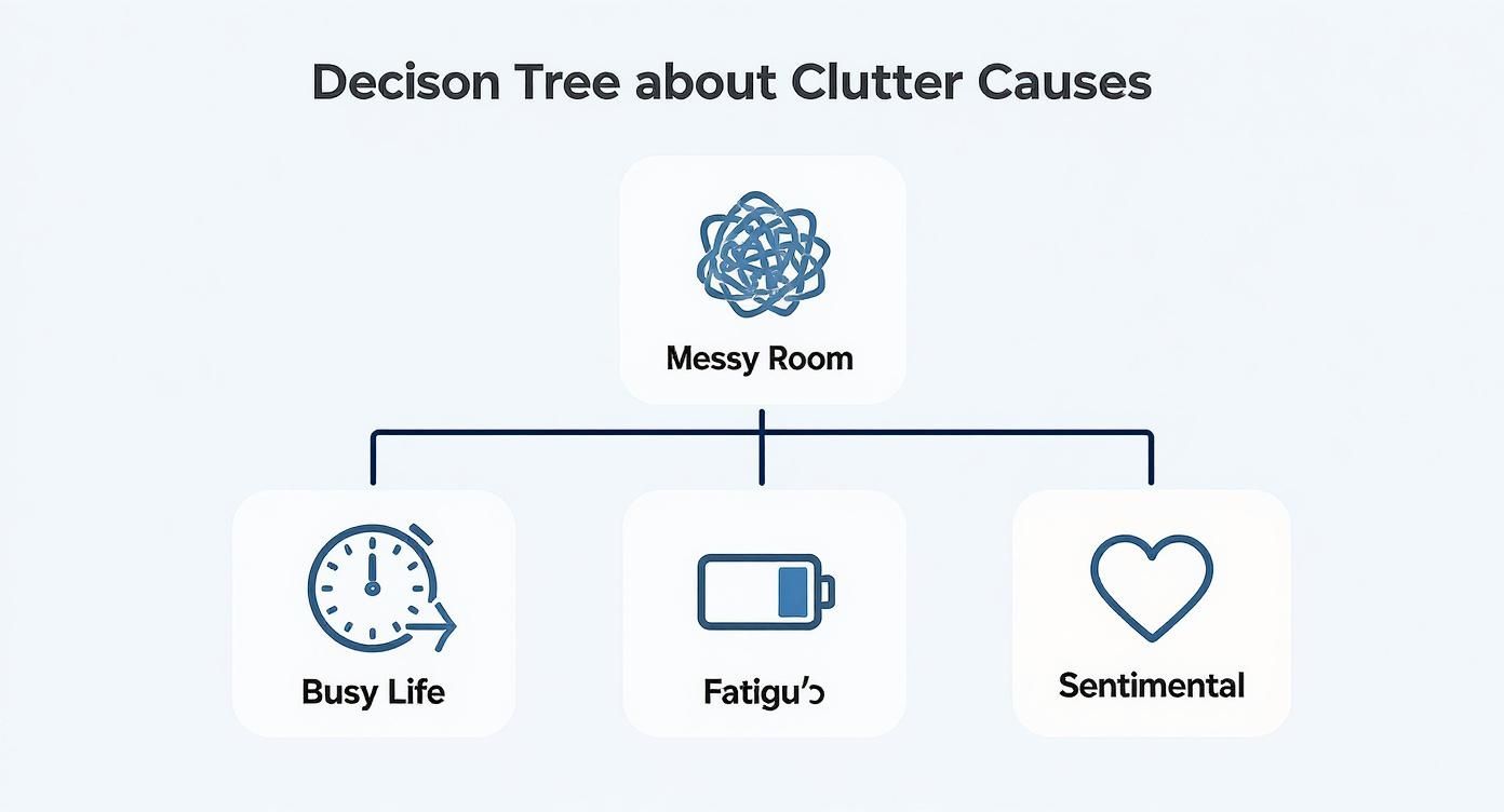 A decision tree diagram illustrating the causes of a messy room, including busy life, fatigue, and sentimental reasons.
