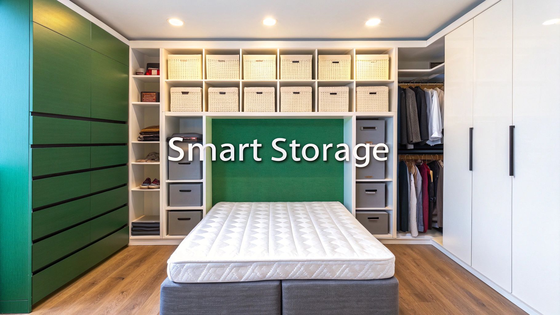 A modern bedroom features a bed integrated into a wall unit with smart storage, green and white closets, and organized shelves.