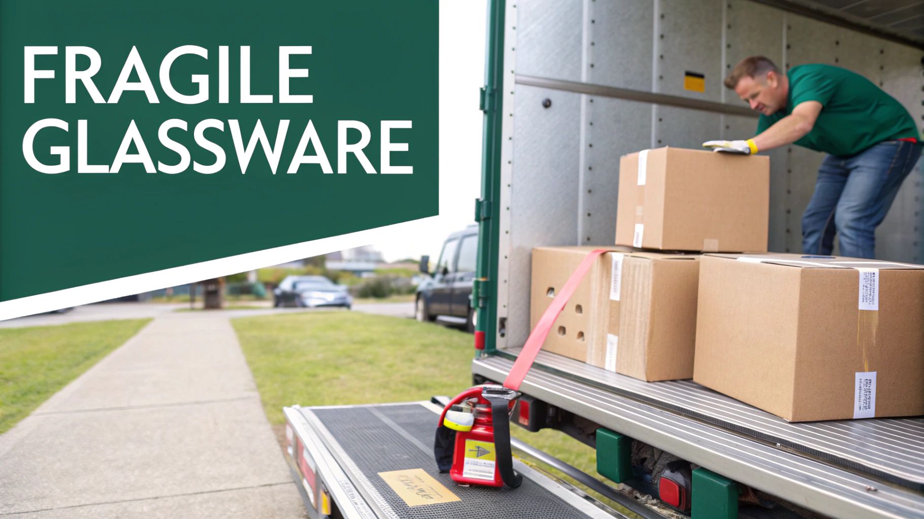 A man loading brown cardboard boxes, including some with 'FRAGILE GLASSWARE' warnings, into a moving truck.