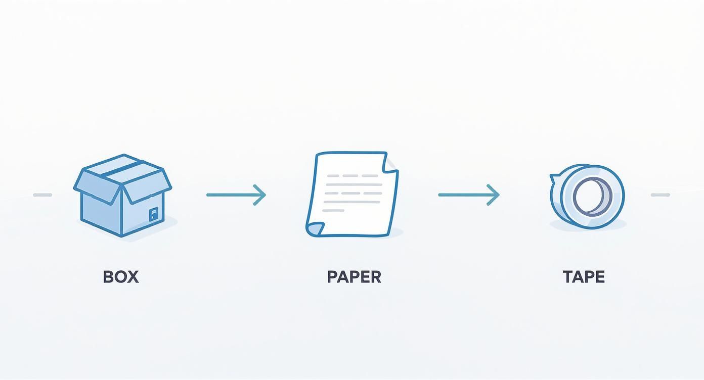 A visual sequence of packing supplies: a box, paper, and tape, connected by arrows.