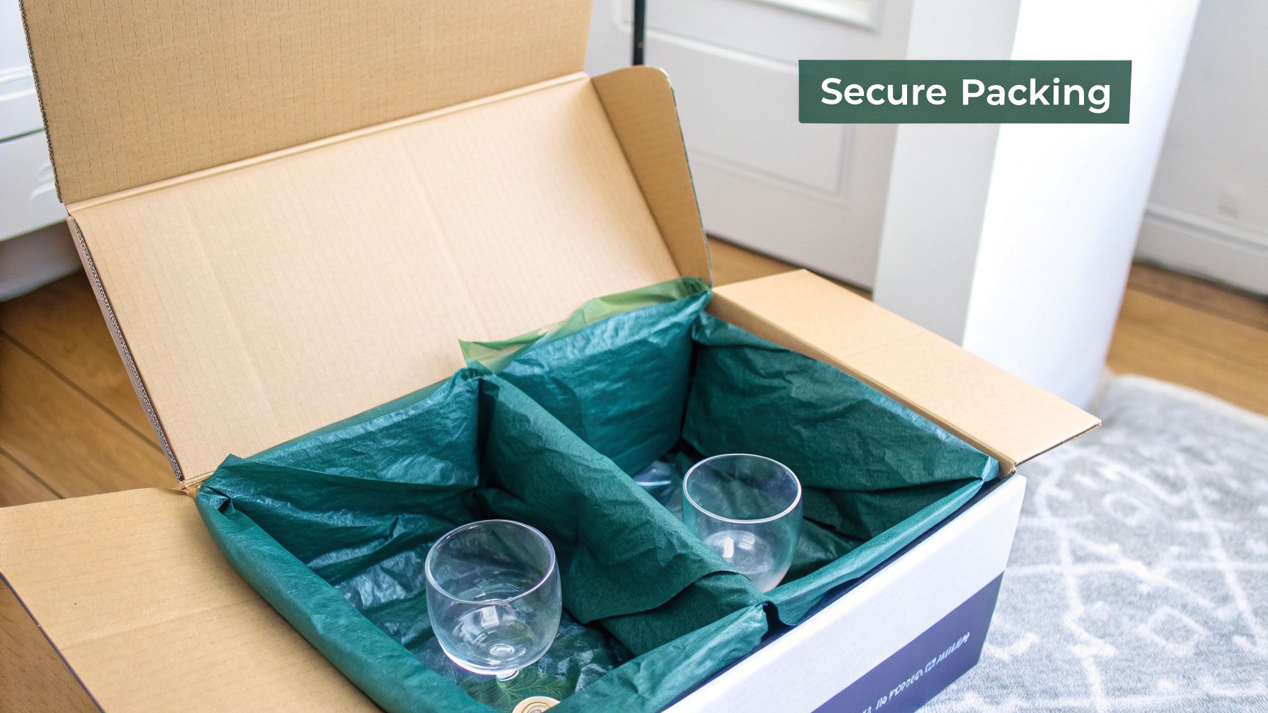 Two delicate wine glasses are carefully packed in an open box with protective green tissue paper.