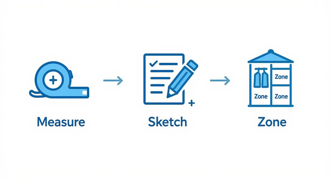 Three blue icons show a process: measure with a tape, sketch a plan, and zone a closet.