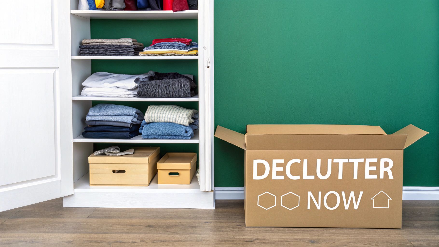 An open white closet with neatly folded clothes and storage boxes next to a 'DECLUTTER NOW' box.