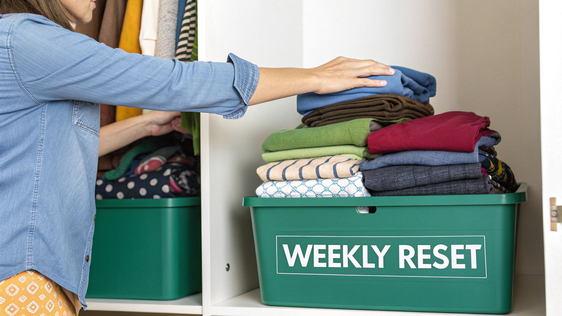 A person places neatly folded clothes into green 'WEEKLY RESET' bins inside a clean white closet.