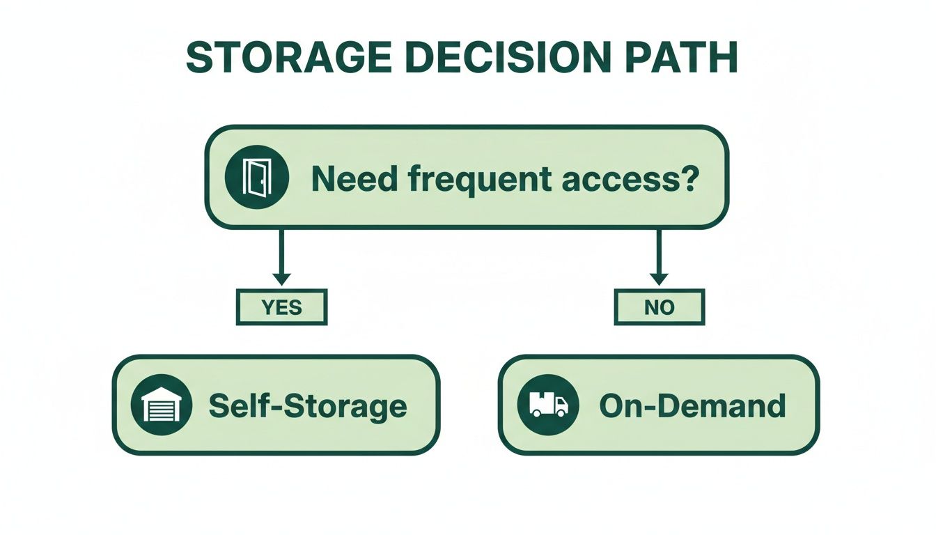 Flowchart guiding storage decisions: frequent access leads to self-storage, infrequent access to on-demand.