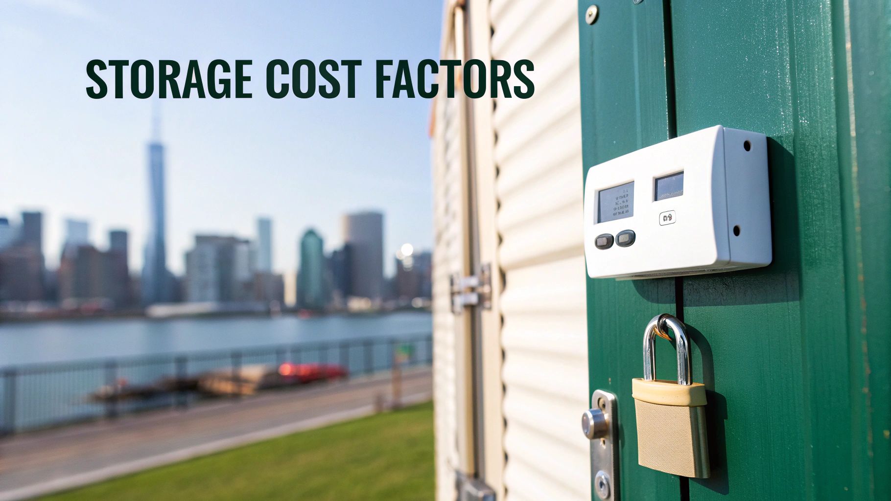 A storage unit with a green door, padlock, and digital display, overlooking a city skyline.