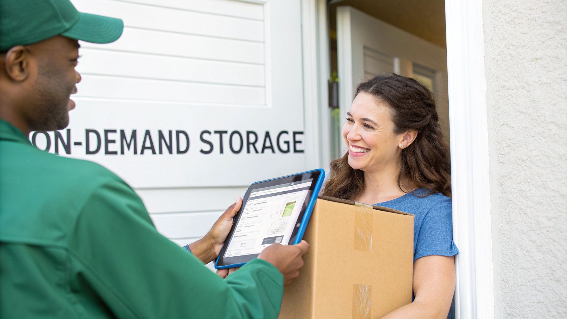 A delivery worker hands a tablet to a smiling woman holding a box with "ON-DEMAND STORAGE" on the door.