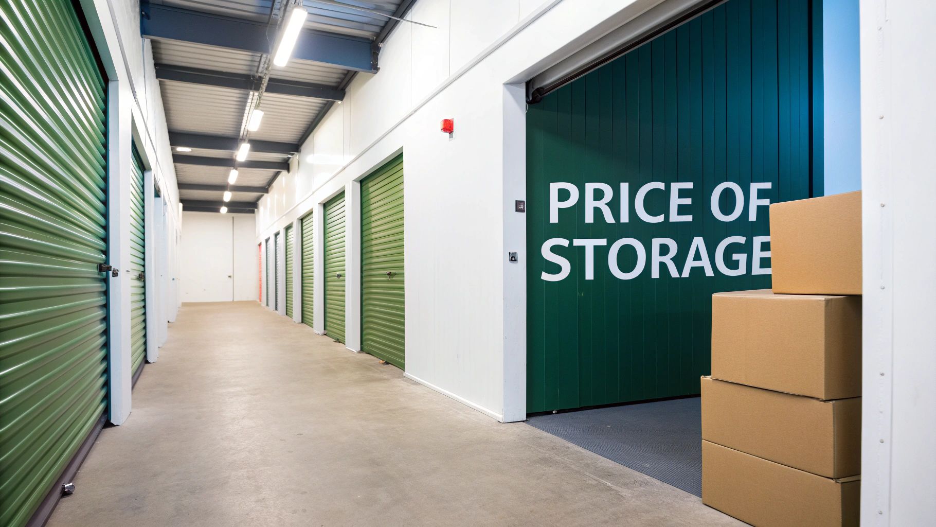 A brightly lit self-storage hallway with numerous green units, one open door revealing boxes and 'PRICE OF STORAGE' text.