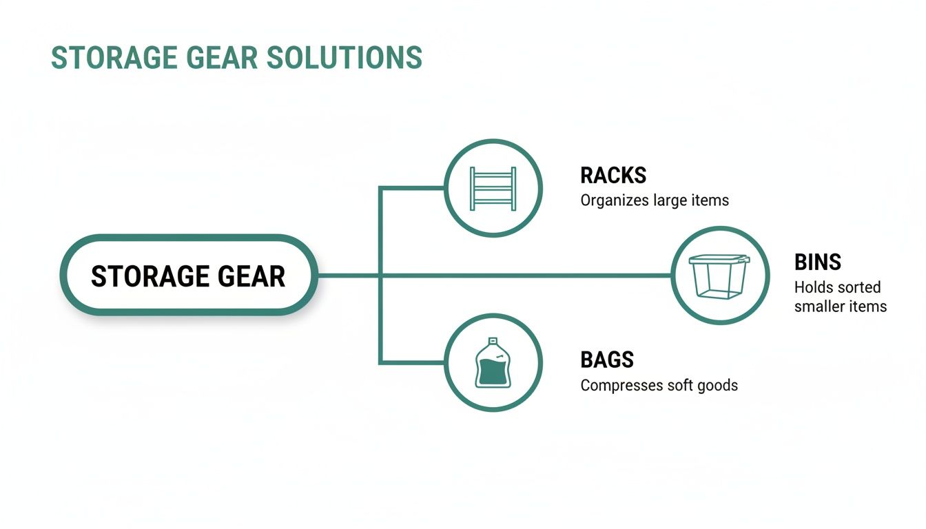 A flowchart illustrates storage gear solutions, categorizing racks for large items, bins for smaller items, and bags for soft goods.