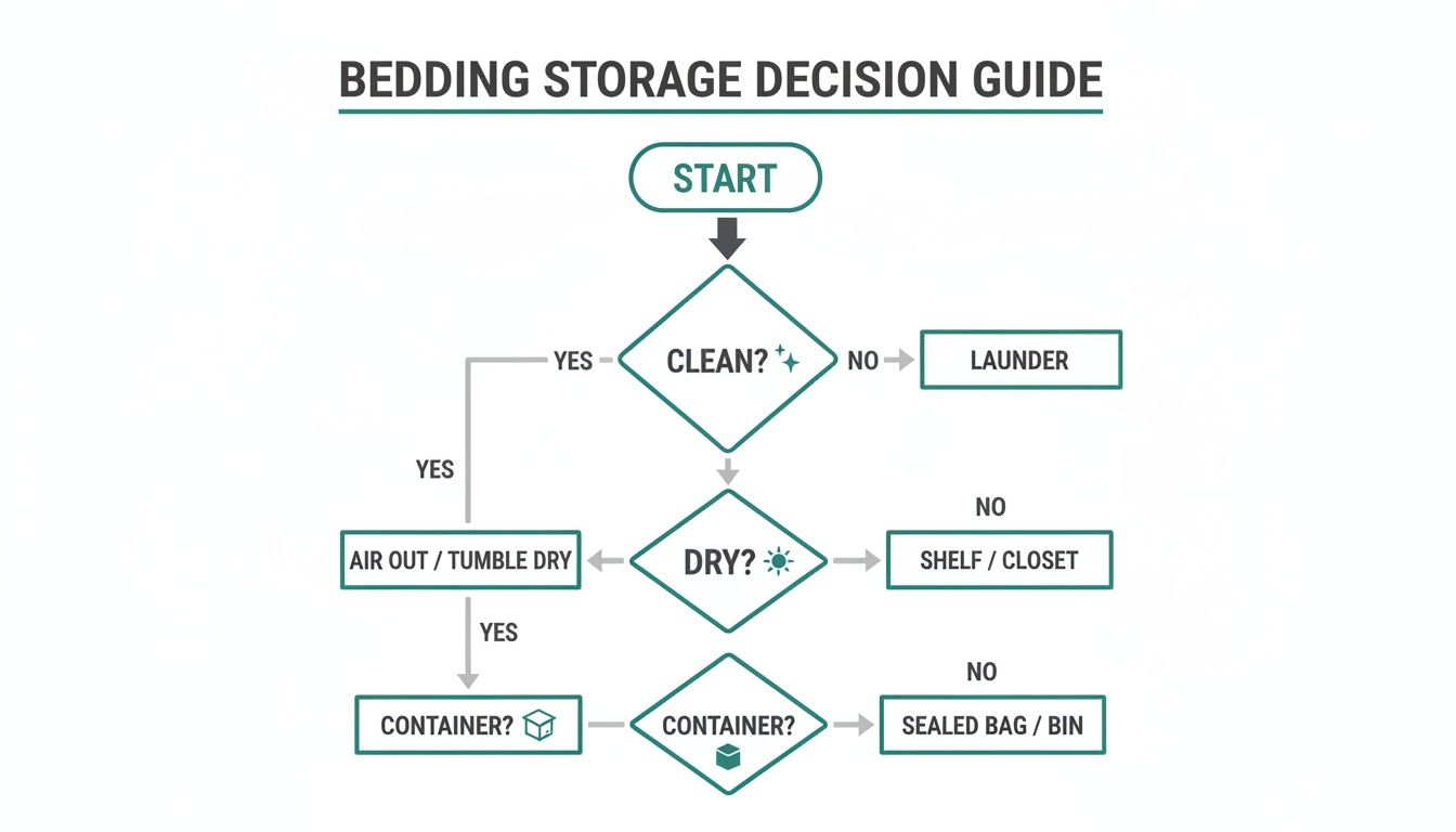 Flowchart illustrating a bedding storage decision guide, including steps for cleaning, drying, and choosing storage containers.