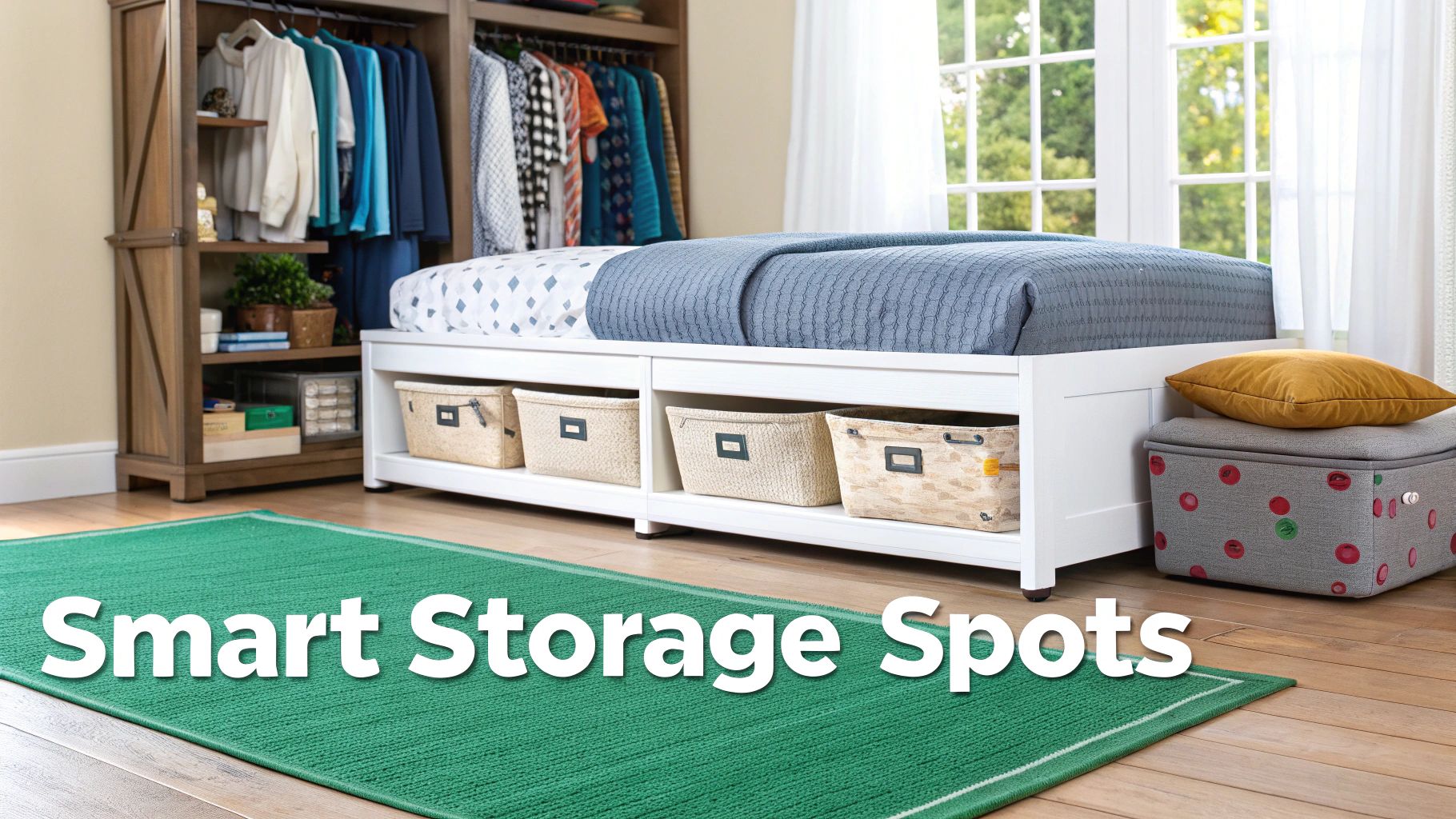 A well-organized bedroom showcasing smart storage solutions with a bed, under-bed baskets, wardrobe, and ottoman.
