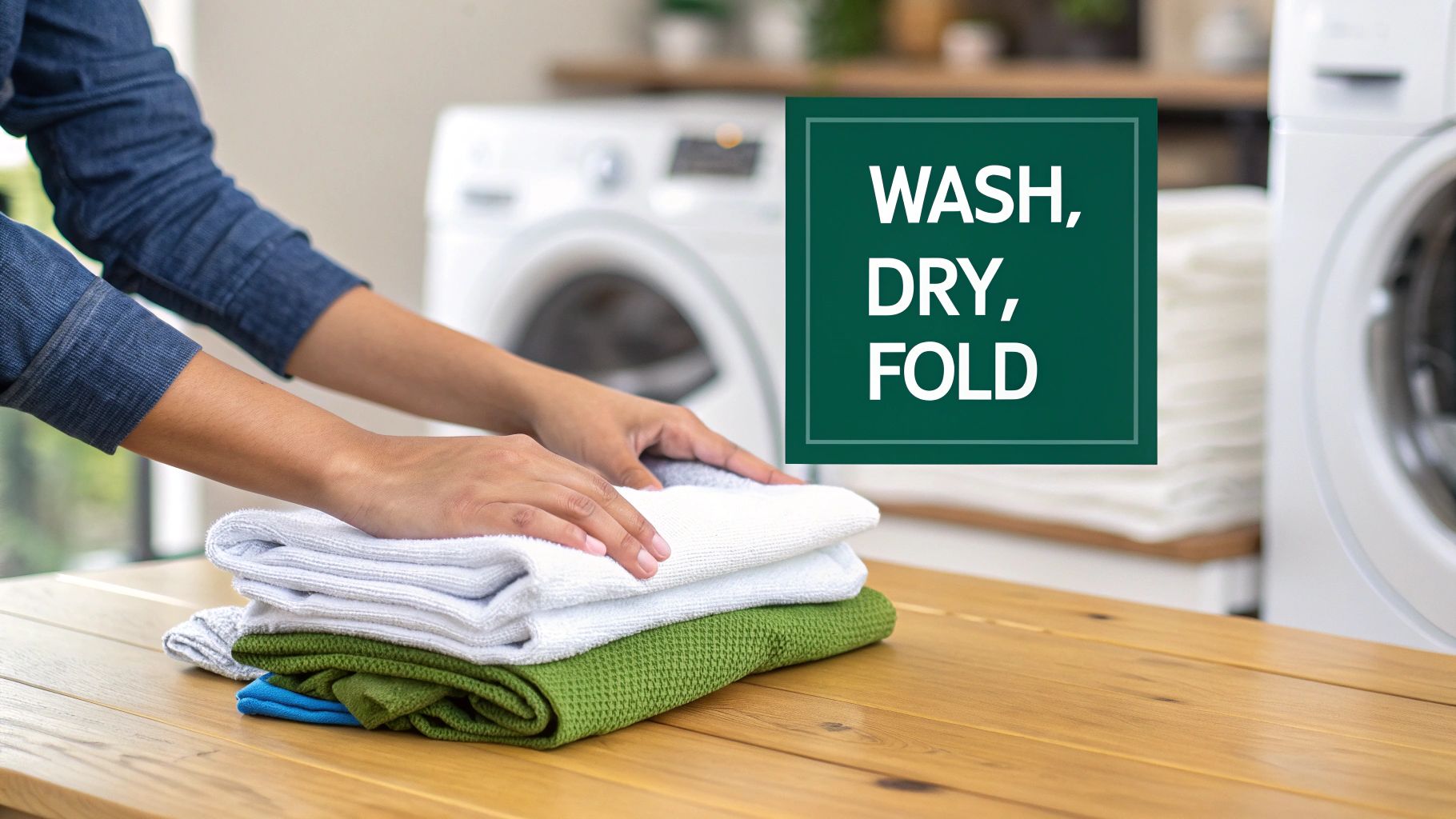 Hands folding freshly laundered white and green towels on a wooden table, with washing machines in the background.