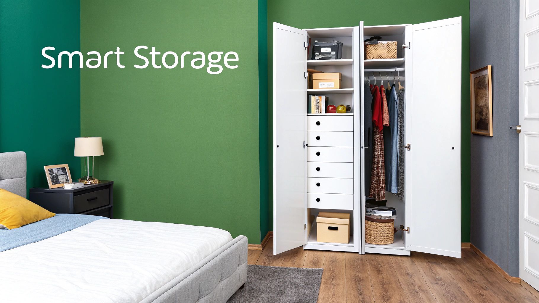 A bedroom with green walls, a bed, a nightstand, and an open white wardrobe with smart storage solutions.