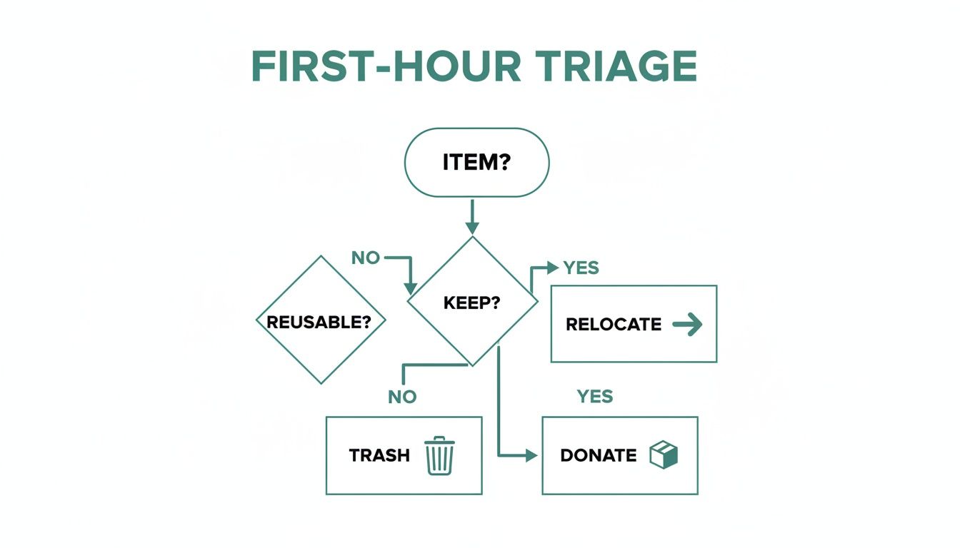 Flowchart illustrating the first-hour triage method for decluttering and organizing items.