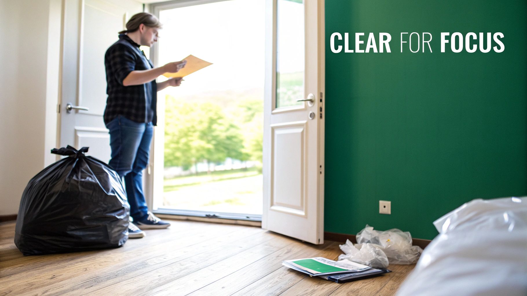 Man organizing papers in a room with a trash bag, promoting focus and decluttering.