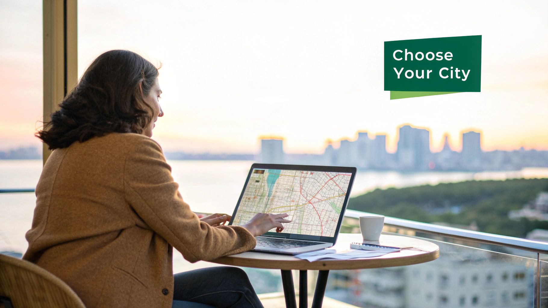 A woman on a balcony using a laptop with a map, overlooking a city skyline at sunset.