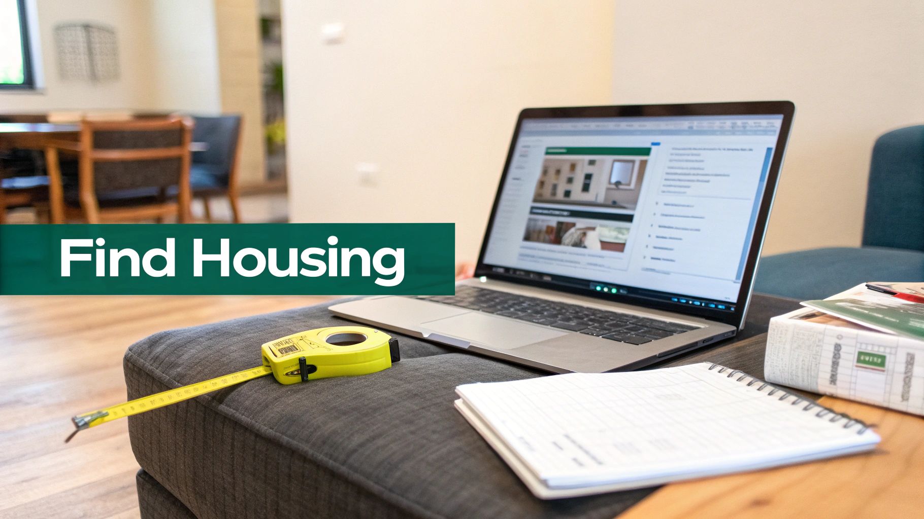 Laptop on a couch displays housing listings, next to a measuring tape and a notepad, 'Find Housing'.