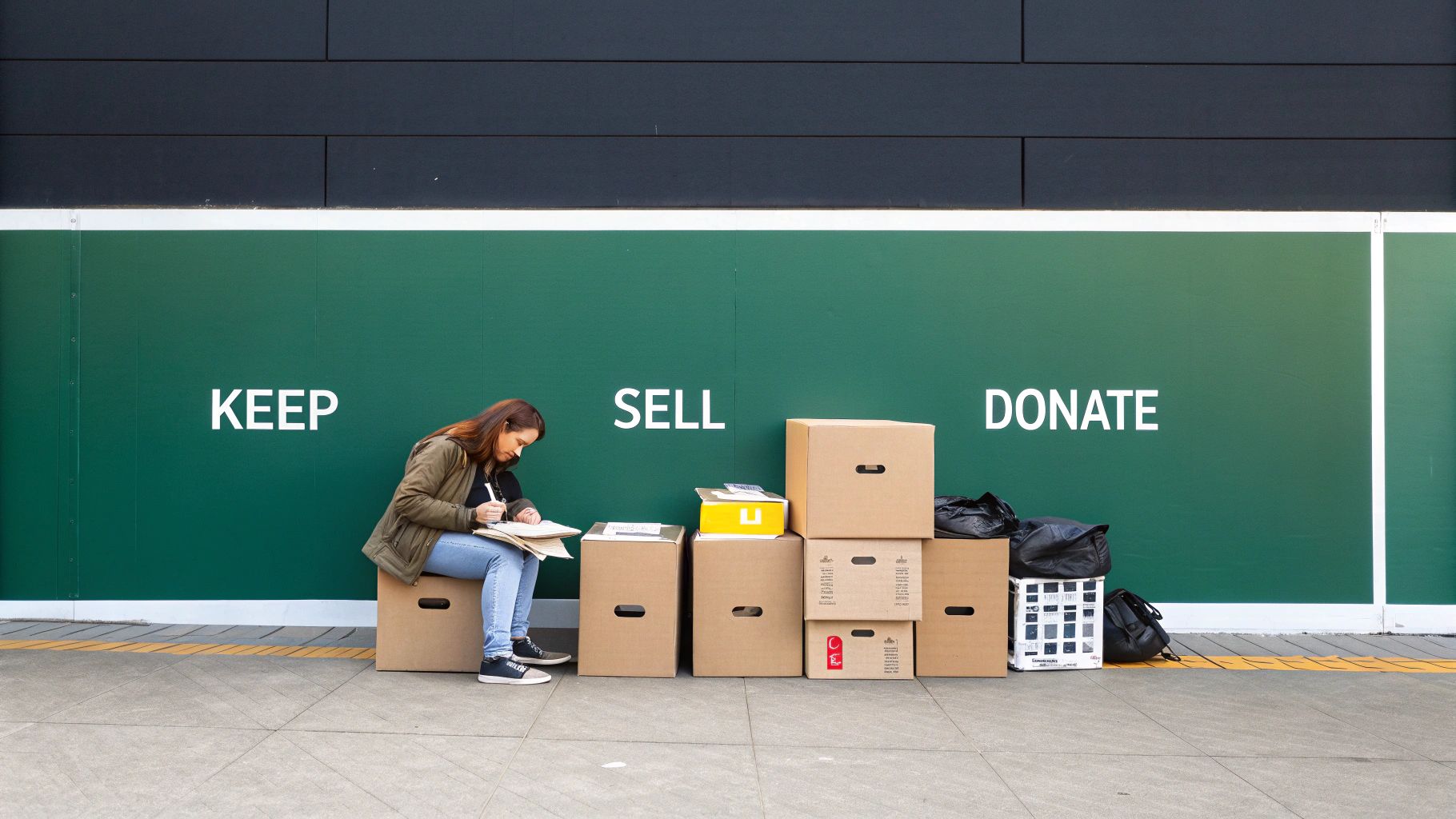 A woman sorts belongings into 'Keep', 'Sell', and 'Donate' categories against a green wall.