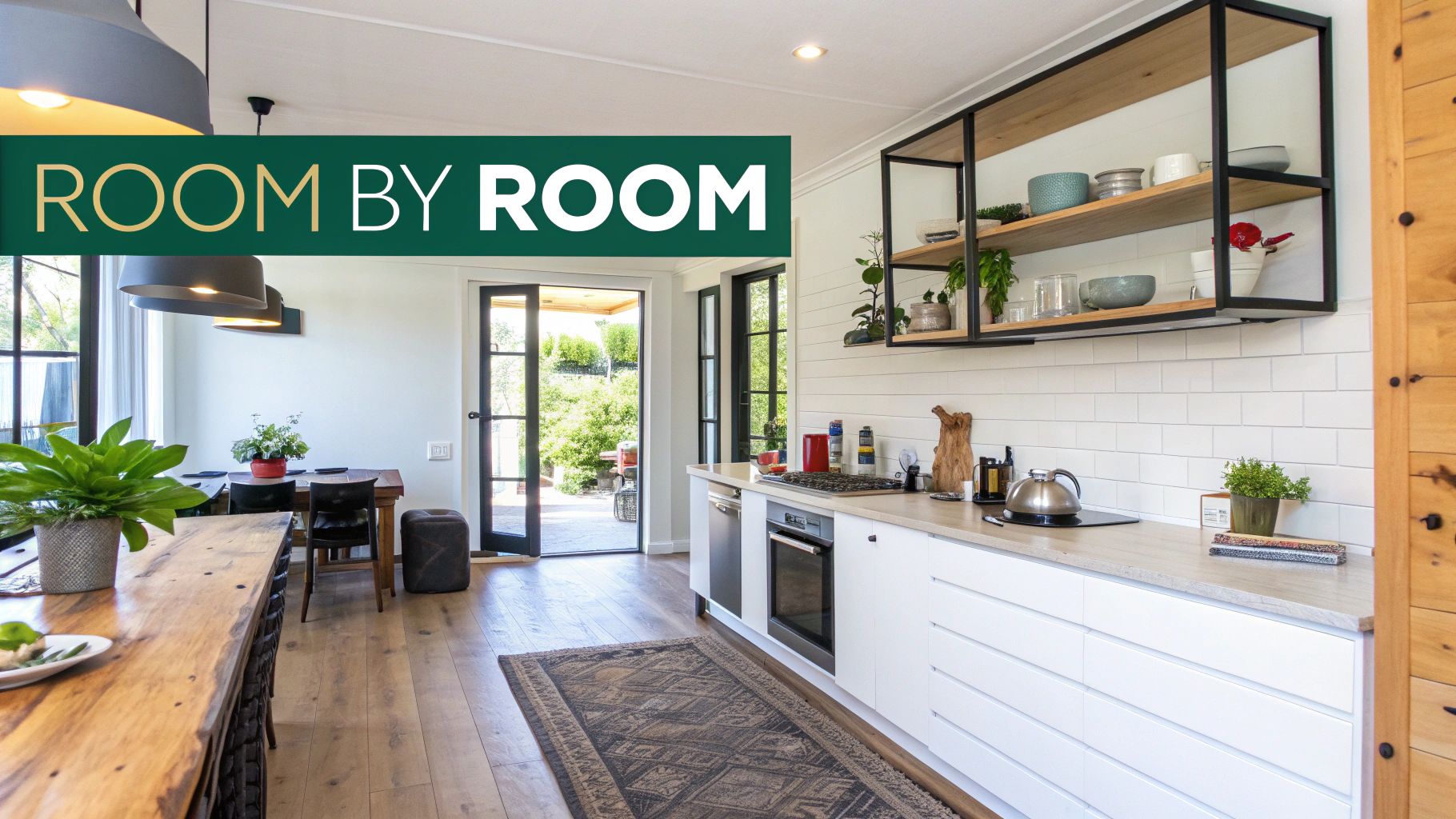 A bright open-plan kitchen and dining area with modern white cabinets and wooden elements.