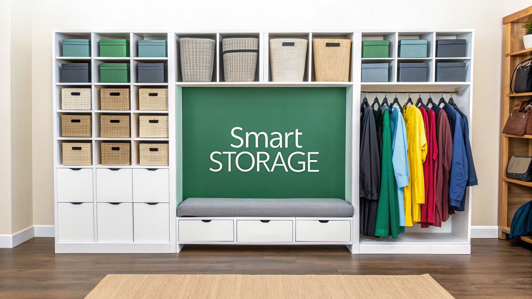 A large white modular storage unit with shelves, bins, drawers, a bench, and hanging clothes, promoting smart organization.