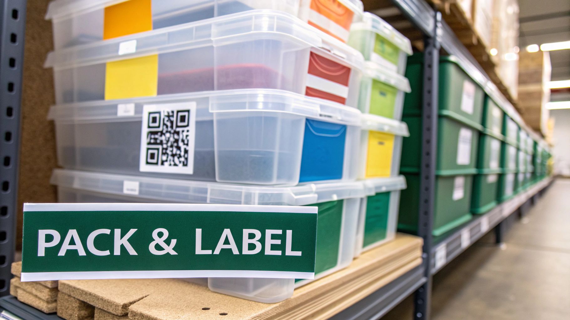 Clear plastic storage bins with various colored labels and a QR code on shelves, with a 'PACK & LABEL' sign.