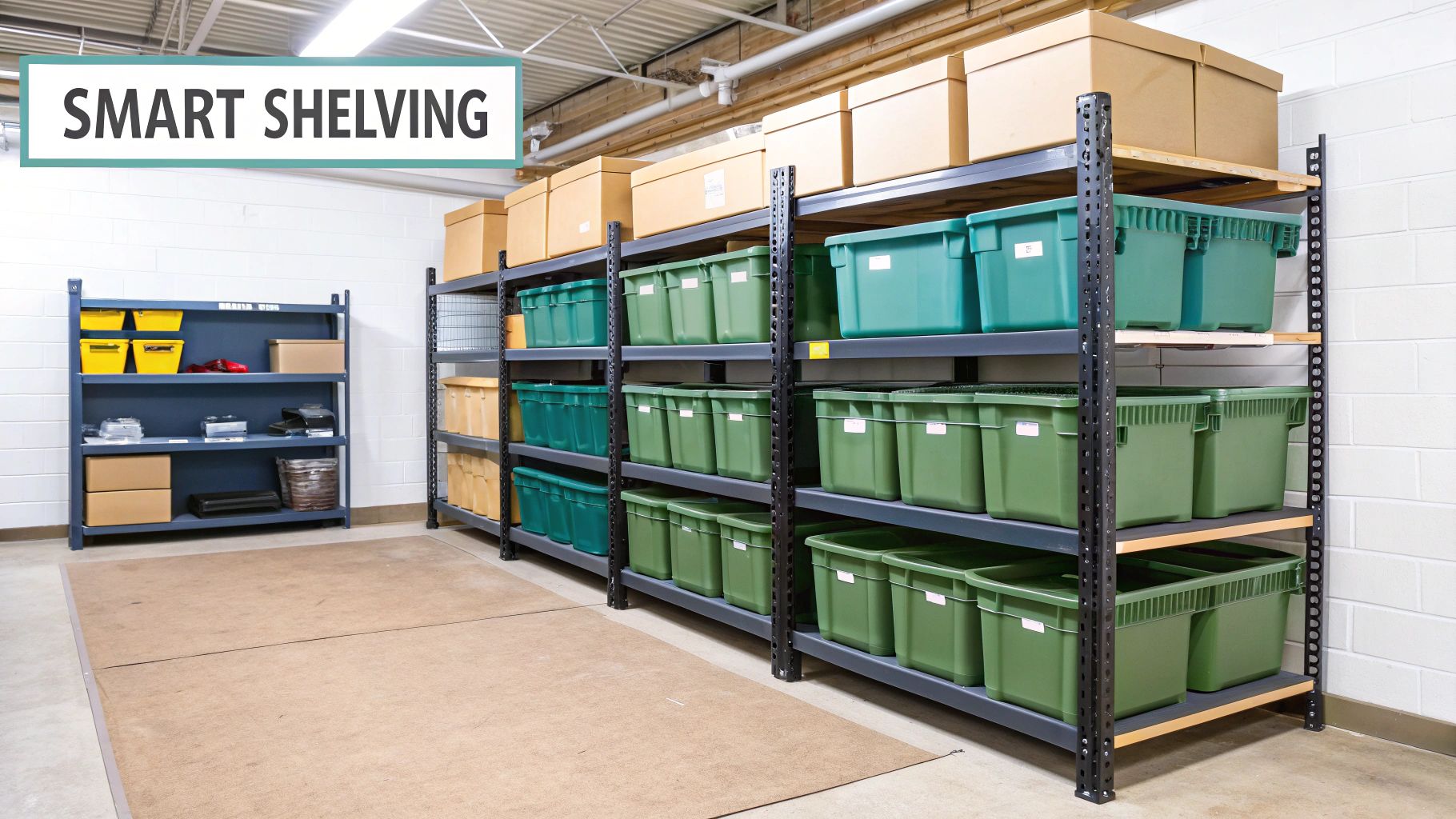 Well-organized basement storage room with multiple shelves holding green bins and cardboard boxes.