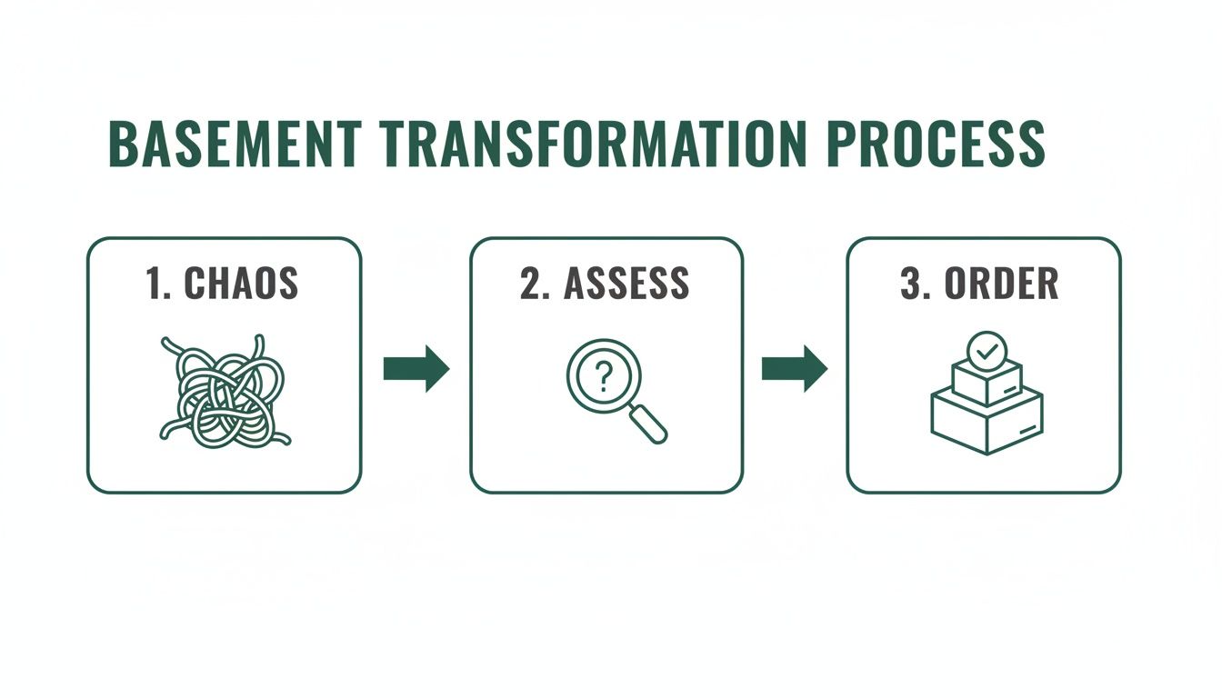 Infographic showing a three-step basement transformation process: 1. Chaos, 2. Assess, 3. Order.