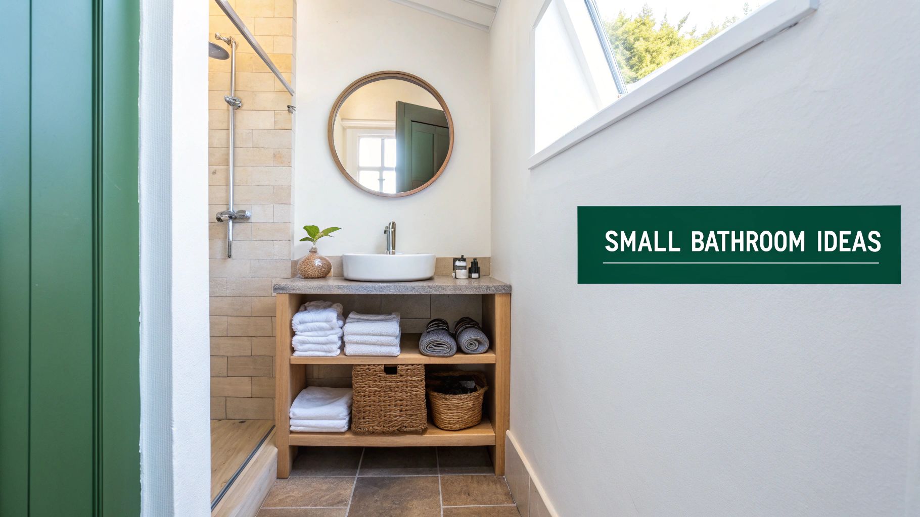 Tiny bathroom with vertical shelves and baskets