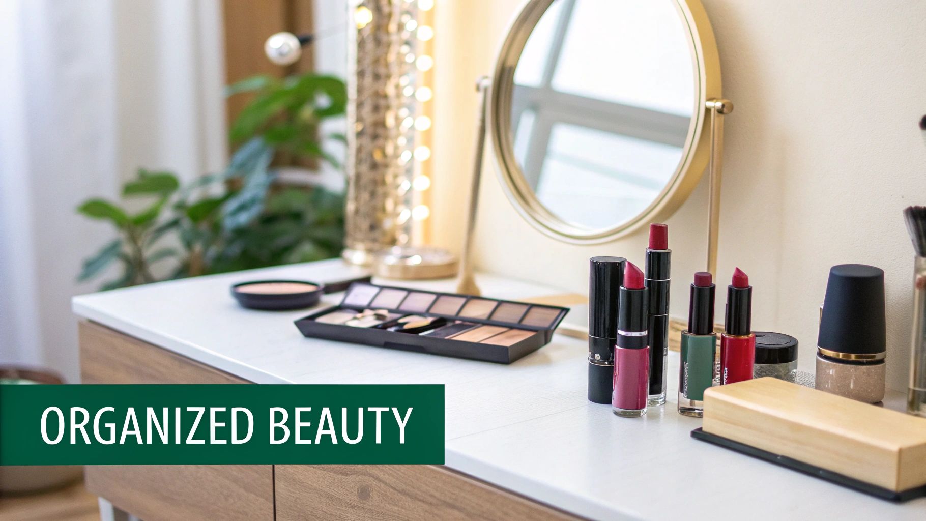 A neatly organized vanity table with a mirror, several lipsticks, and an eyeshadow palette.