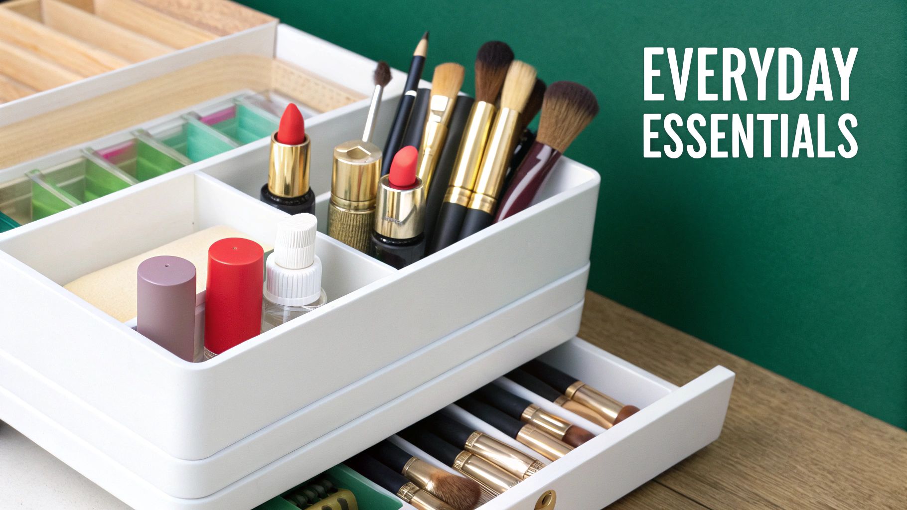 A white multi-tier makeup organizer filled with lipsticks, brushes, and other cosmetic essentials.
