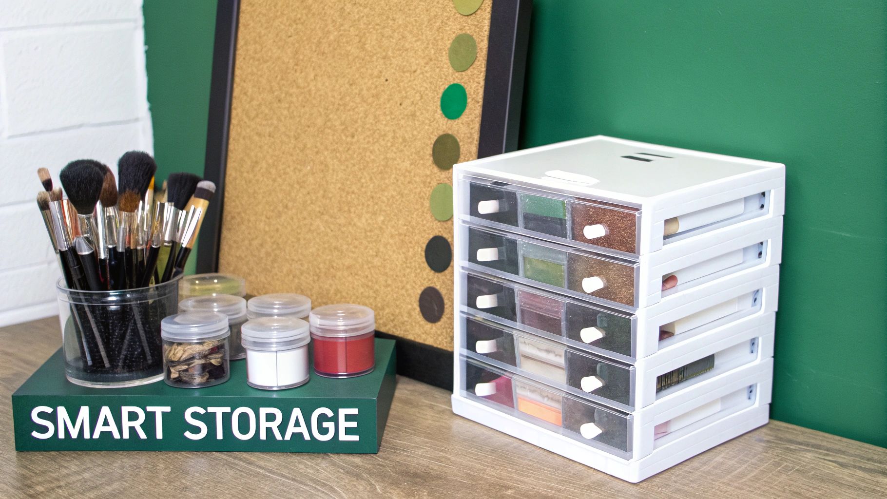 A desk with smart storage solutions, including makeup brushes, small jars, and a multi-drawer organizer.