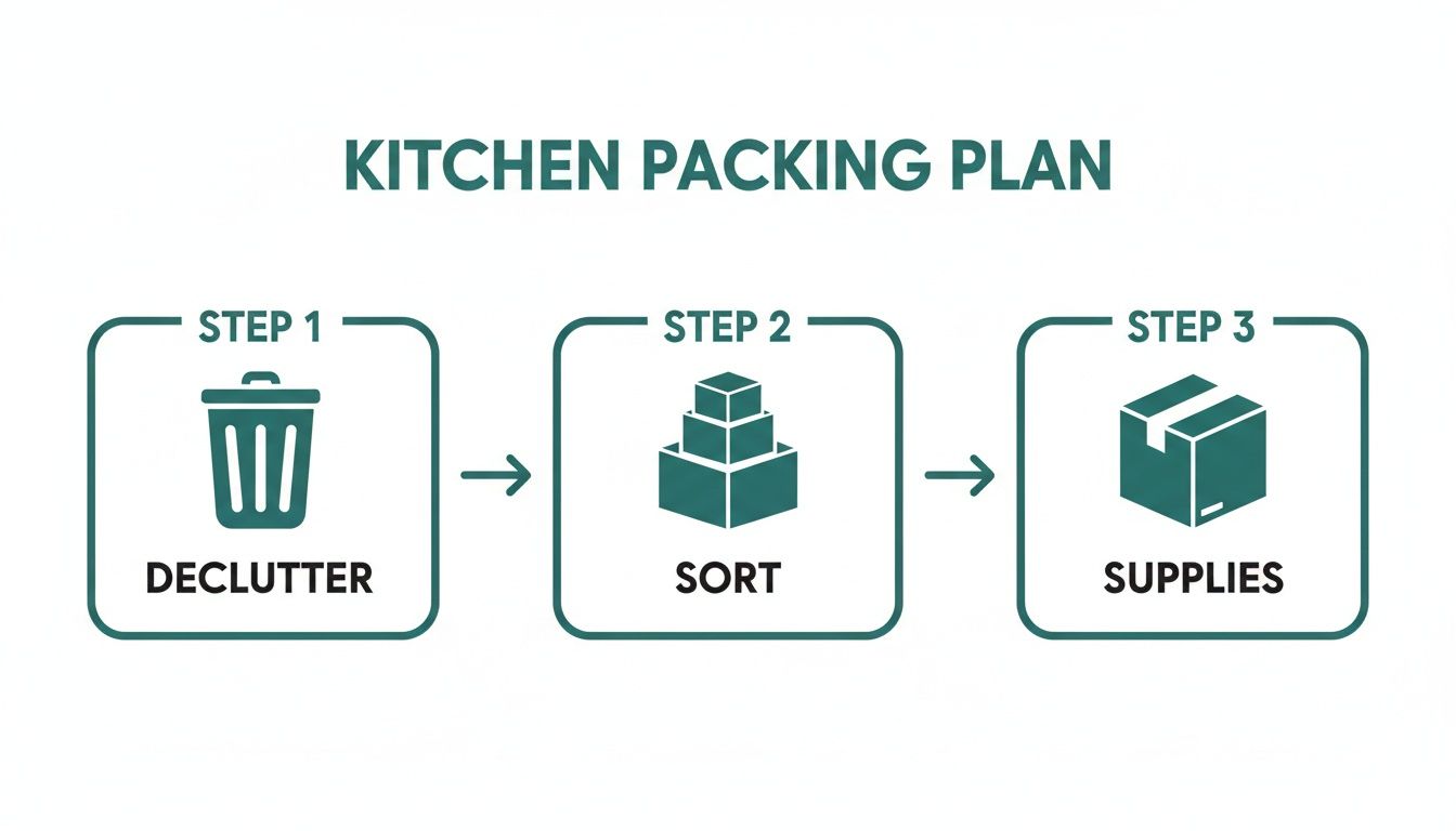 A three-step kitchen packing plan infographic, including declutter, sort, and gather supplies.