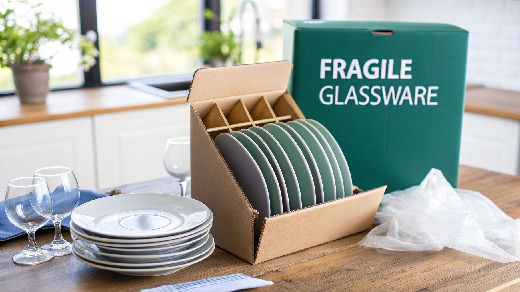 Neatly packed green plates in a cardboard dish box, stacked white plates, and 'Fragile Glassware' box on a wooden table.