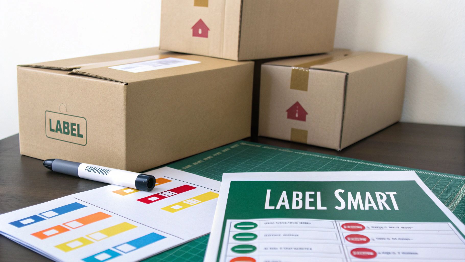 Cardboard boxes with labels, a marker, and documents on a desk, ready for packing or shipping.