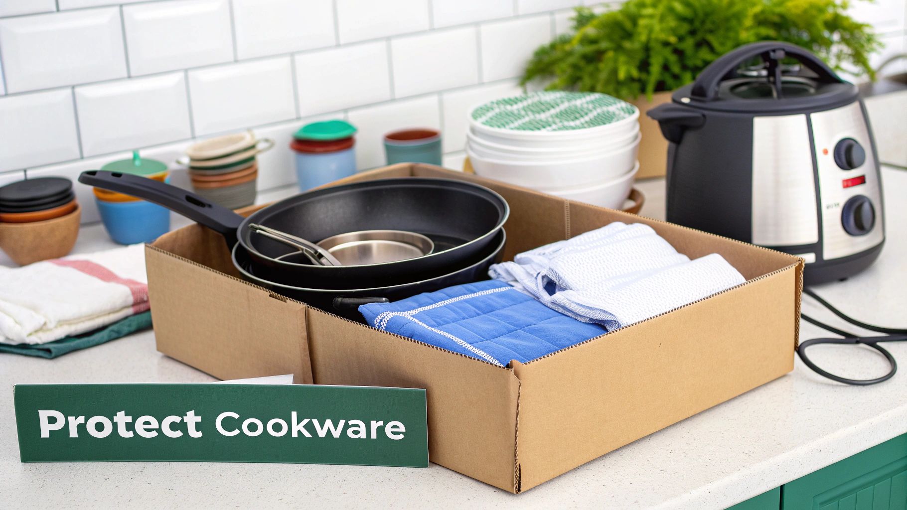Kitchen counter with a box of cookware, frying pans, towels for protection, and a 'Protect Cookware' sign.