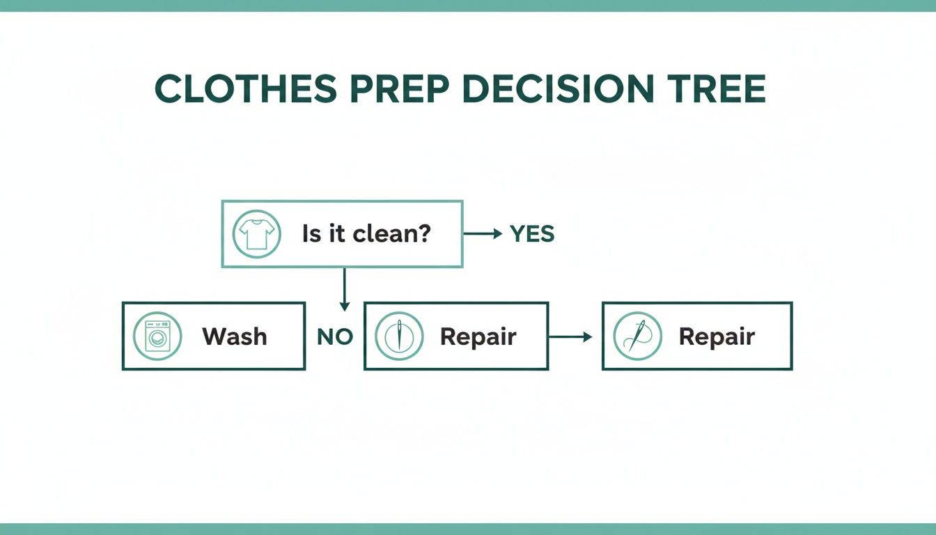 A clothes preparation decision tree flow chart asking 'Is it clean?' leading to 'Wash' or 'Repair'.