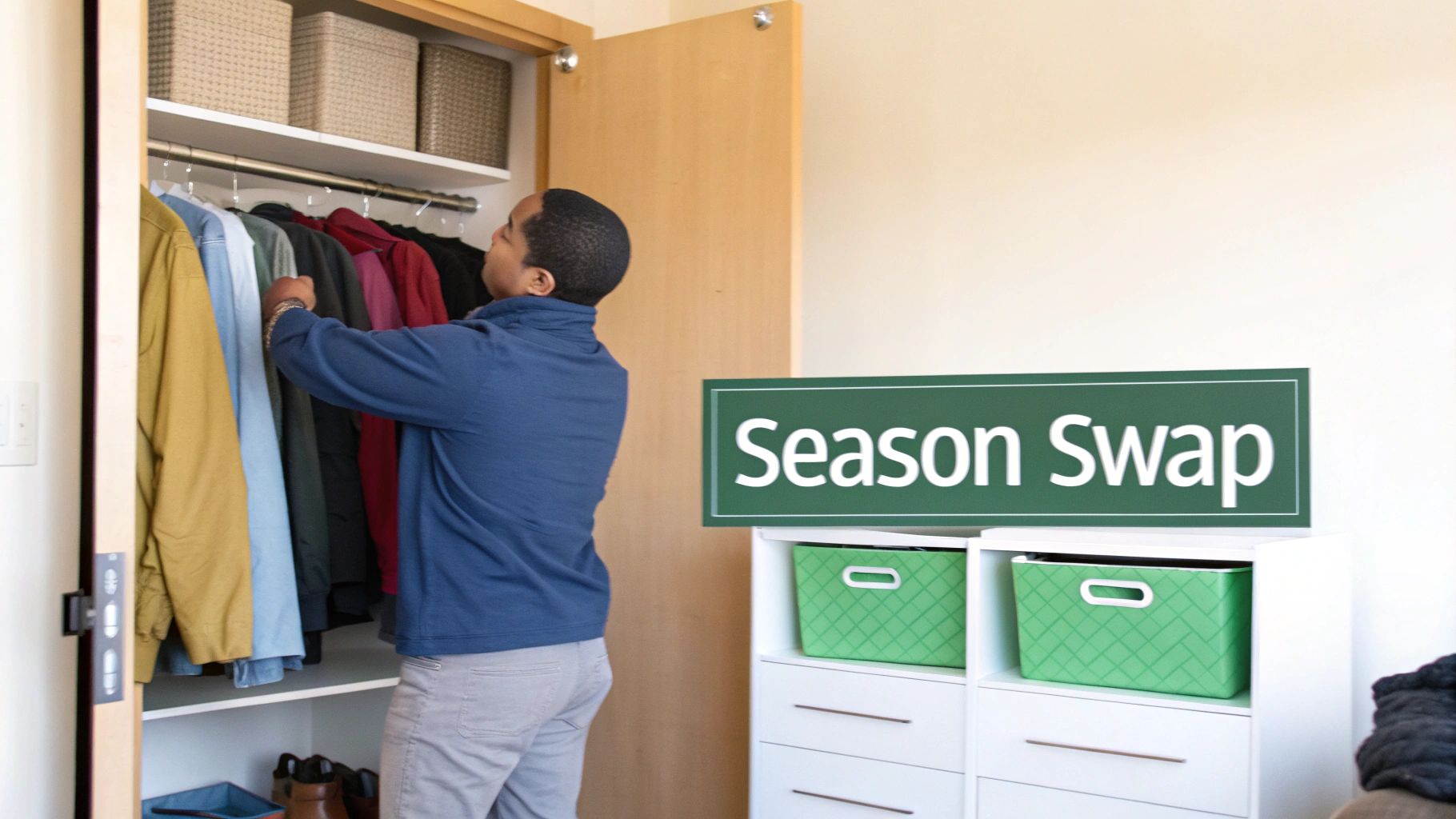 A person organizes their closet, selecting clothes from a rack for a season swap event.