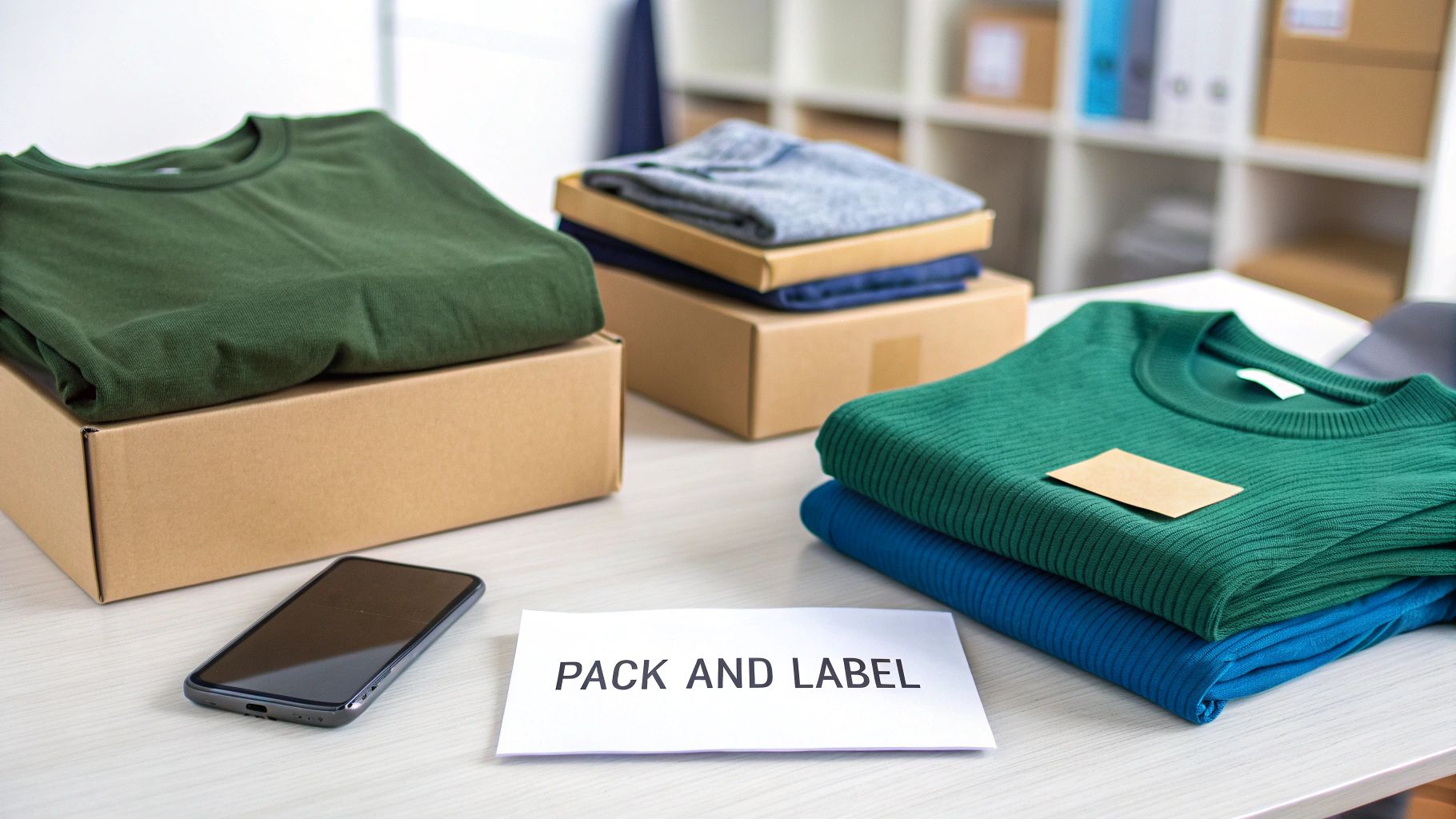 Folded green and blue clothes on cardboard boxes with a 'PACK AND LABEL' sign for shipping.