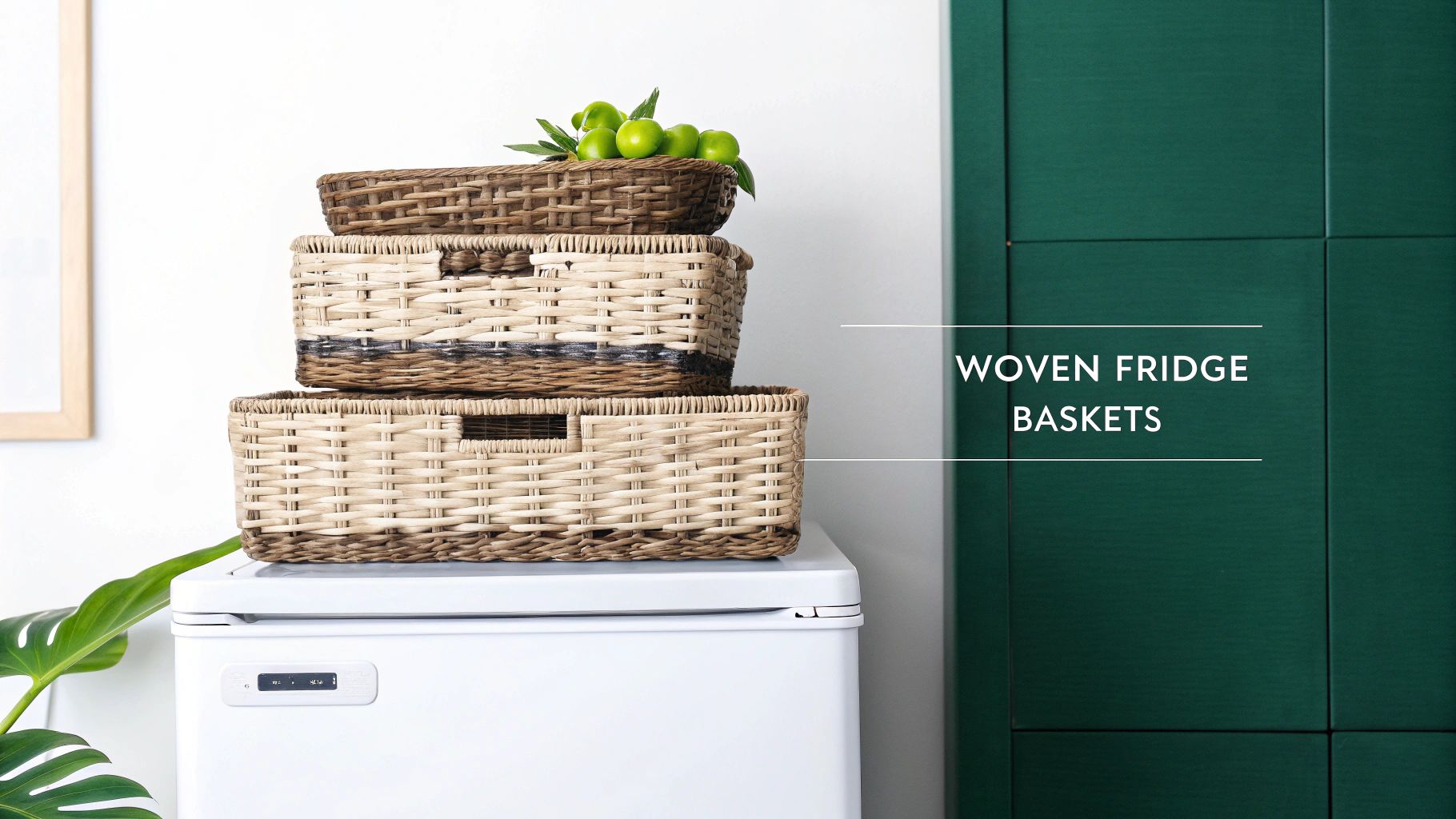 A stack of three natural woven baskets on top of a white fridge, with limes in the top basket.