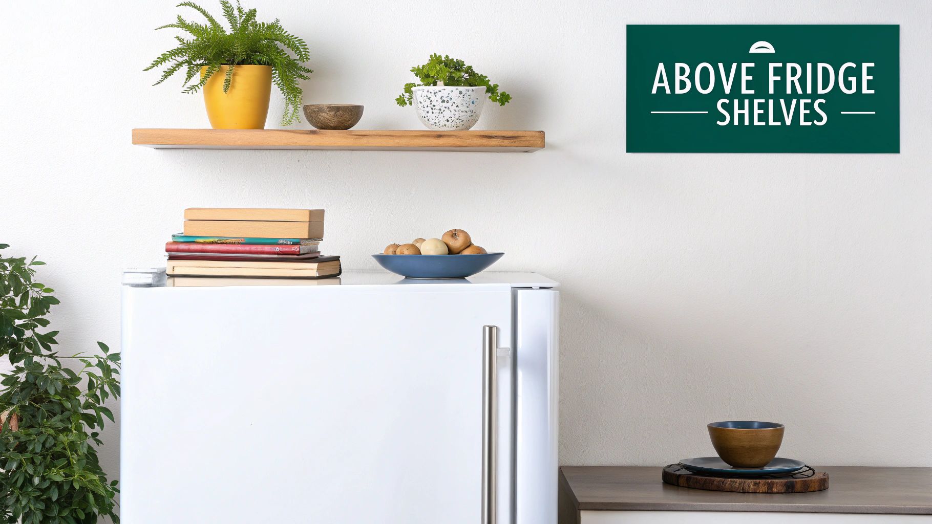 Kitchen interior with a white fridge, wooden shelf, potted plants, books, and food items.