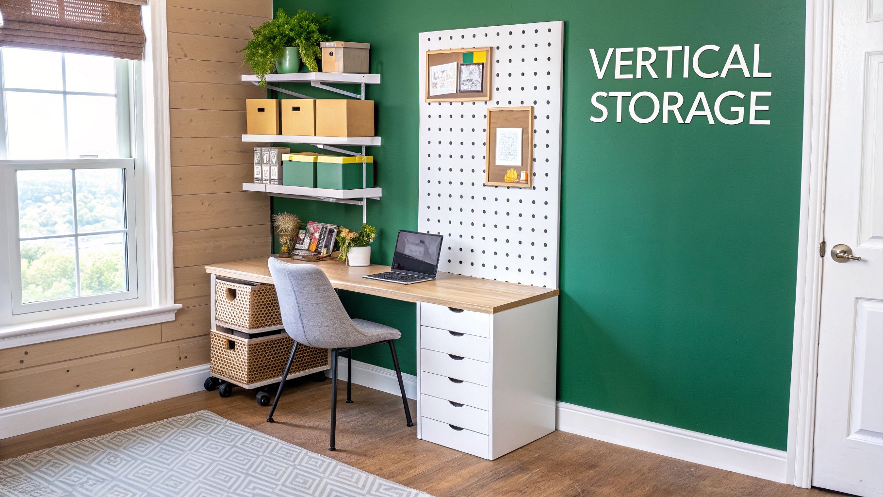 A bright and organized home office features a wooden desk, shelves, a pegboard, and vertical storage solutions.