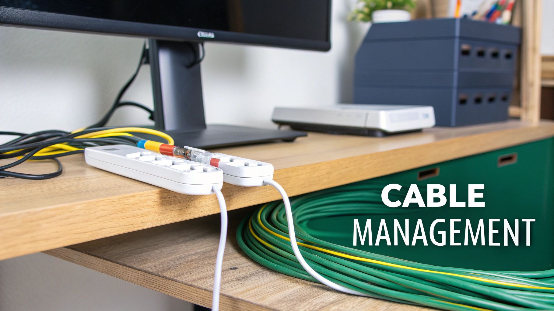A close-up of a home office desk with power strips, loose cables, and a large coil of green cables, demonstrating cable management.