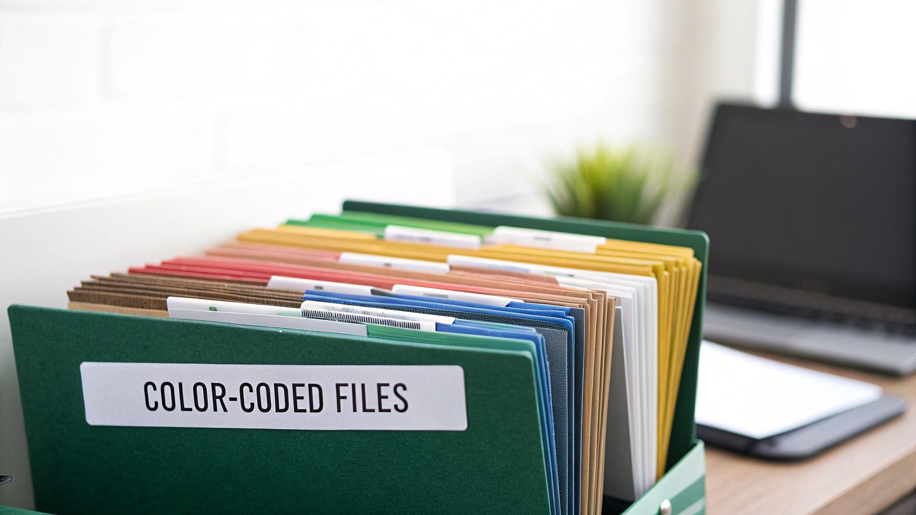 A green file organizer box on a desk, filled with many colorful, color-coded files and documents.