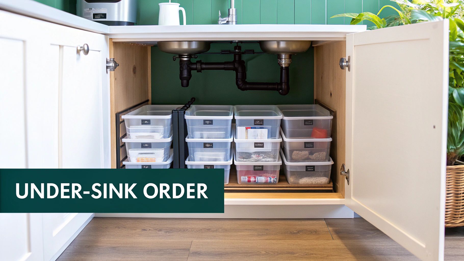 Open under-sink bathroom cabinet showcasing organized storage with pull-out drawers and labeled clear containers.