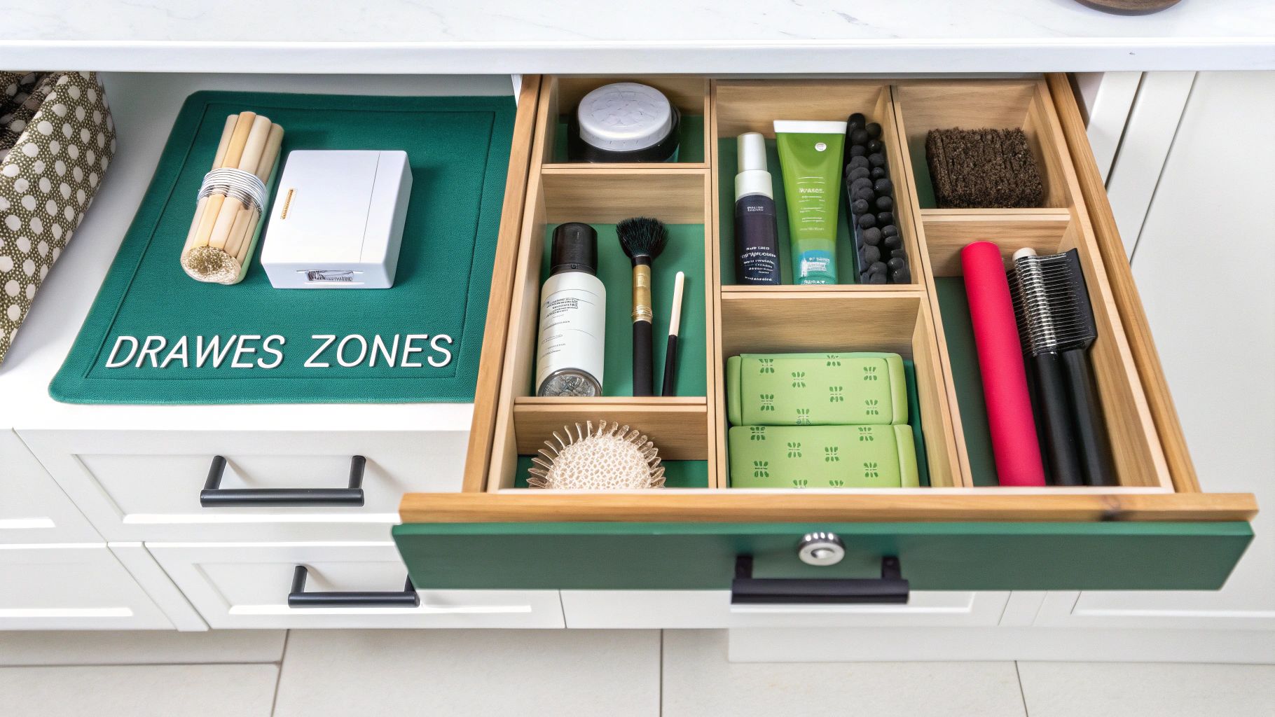An open white bathroom drawer reveals neatly organized toiletries and beauty tools in a wooden divider.