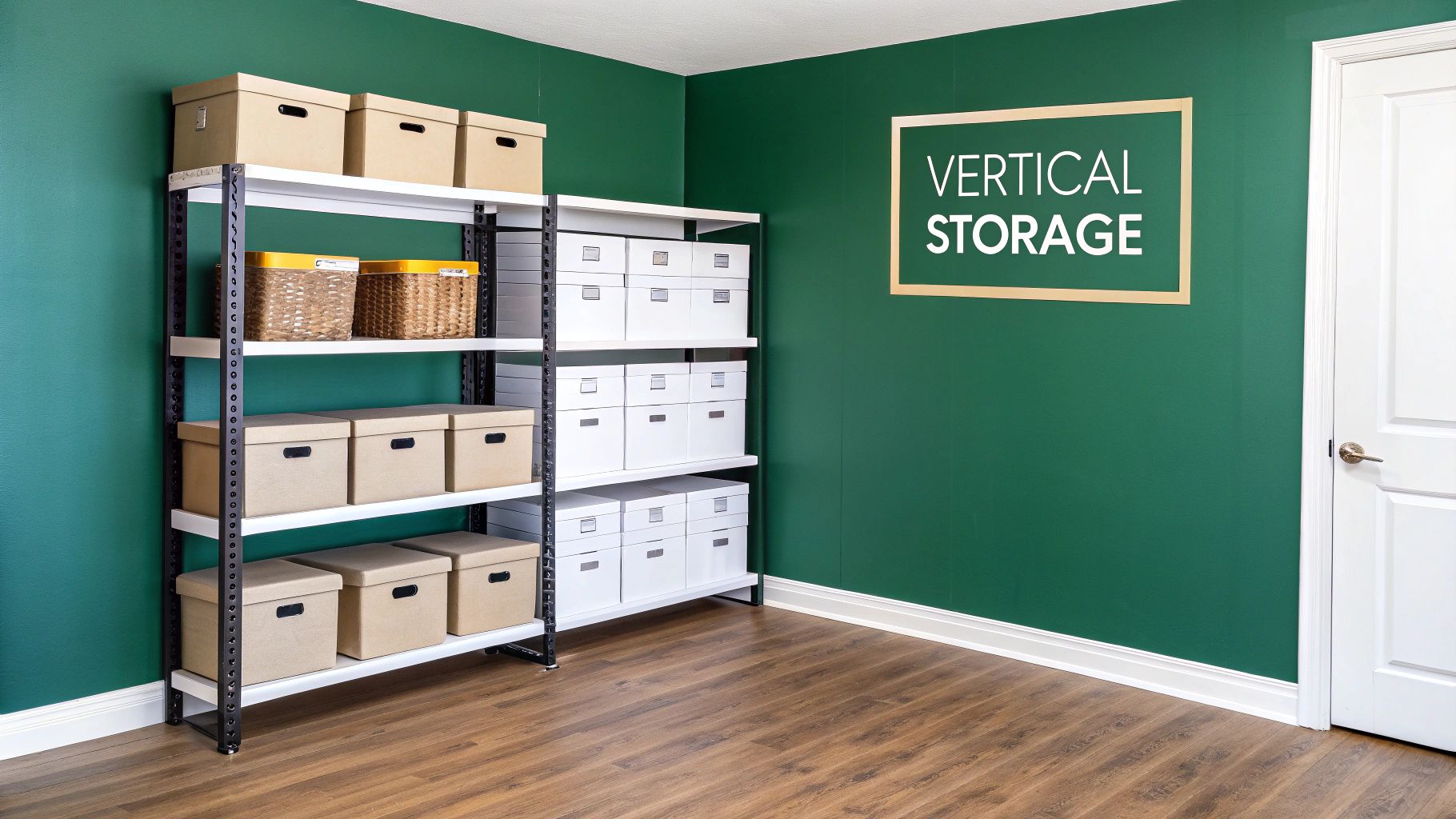 A bright room with green walls featuring white shelves filled with various storage boxes and baskets.